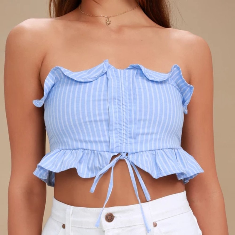 NWT Lulu's Light Blue Striped Strapless Crop